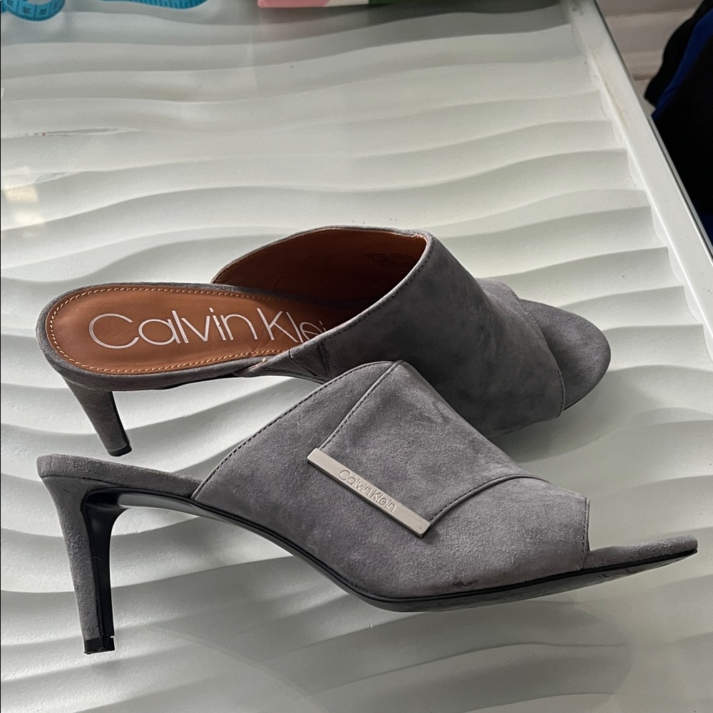 Calvin Klein Gray Suede Open-Toe Mule Heels
